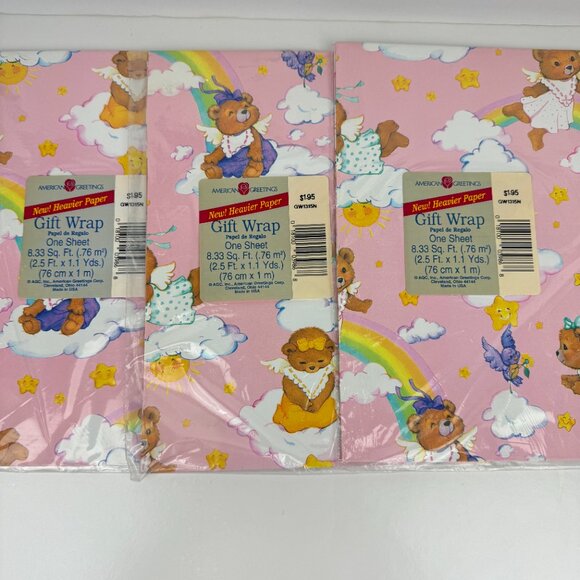 Vtg Pink Rainbow Clouds Stars Sun Teddy Bears Baby American Greetings Gift Wrap - Picture 3 of 6